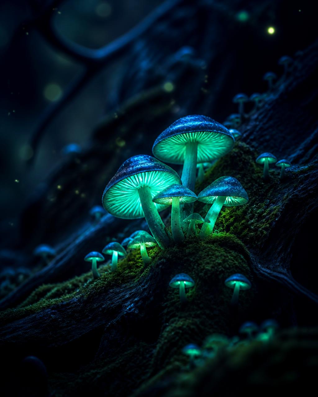 Champignons lumineux sur une racine moussue